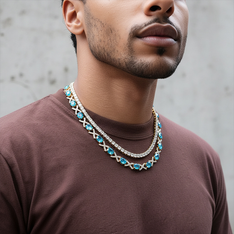 Oval Cut Blue Diamonds Iced Out Infinity Sign Necklace Gold - Image 7