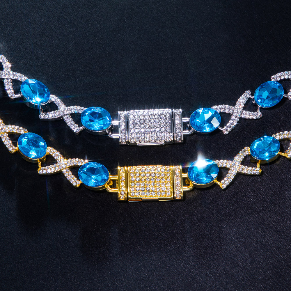 Oval Cut Blue Diamonds Iced Out Infinity Sign Necklace Gold - Image 8
