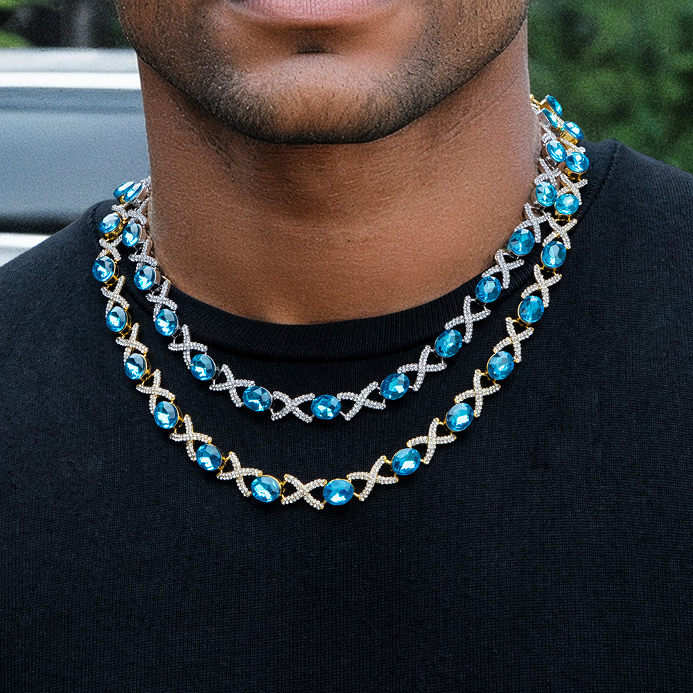 Oval Cut Blue Diamonds Iced Out Infinity Sign Necklace Gold