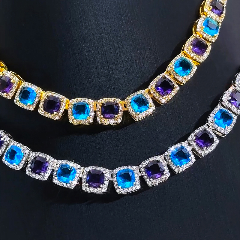 Iced Out Out 10mm Purple & Blue Stones Clustered Tennis Chain Gold - Image 3