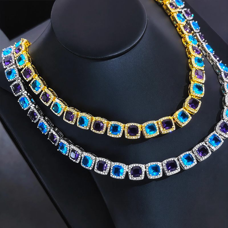 Iced Out Out 10mm Purple & Blue Stones Clustered Tennis Chain Gold - Image 4