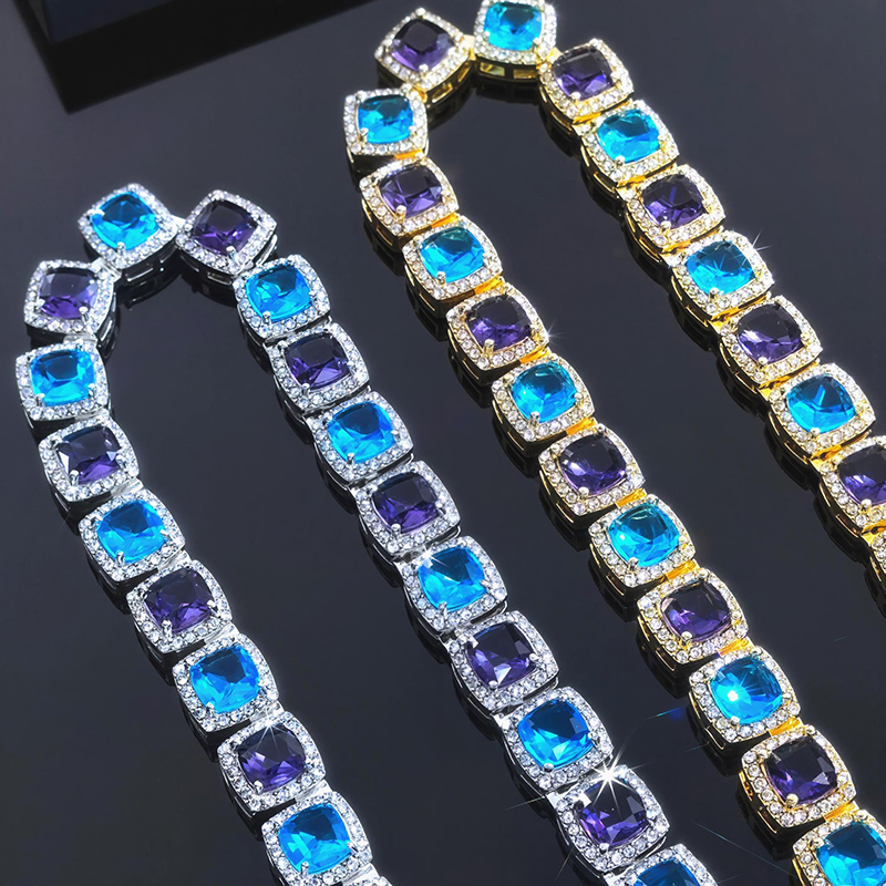 Iced Out Out 10mm Purple & Blue Stones Clustered Tennis Chain Gold - Image 5