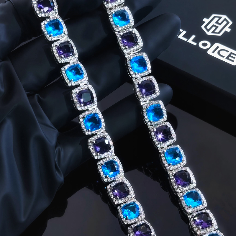 Iced Out Out 10mm Purple & Blue Stones Clustered Tennis Chain Gold - Image 6