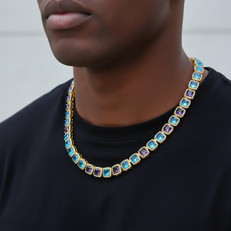 Iced Out Out 10mm Purple & Blue Stones Clustered Tennis Chain Gold - Image 7