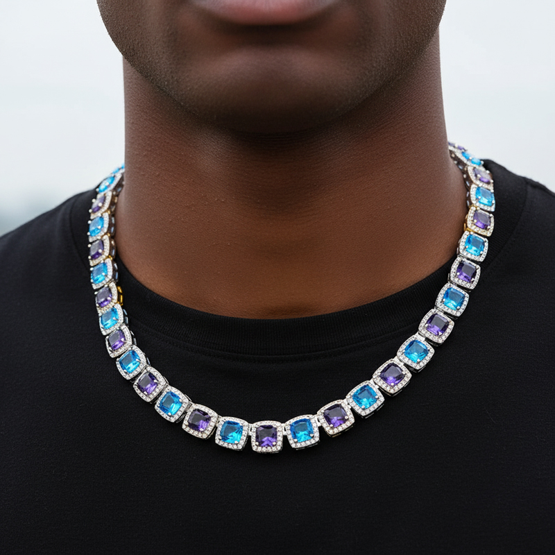 Iced Out Out 10mm Purple & Blue Stones Clustered Tennis Chain Gold - Image 8