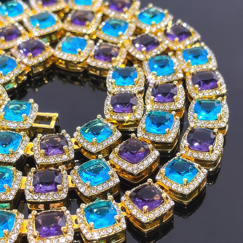 Iced Out Out 10mm Purple & Blue Stones Clustered Tennis Chain Gold