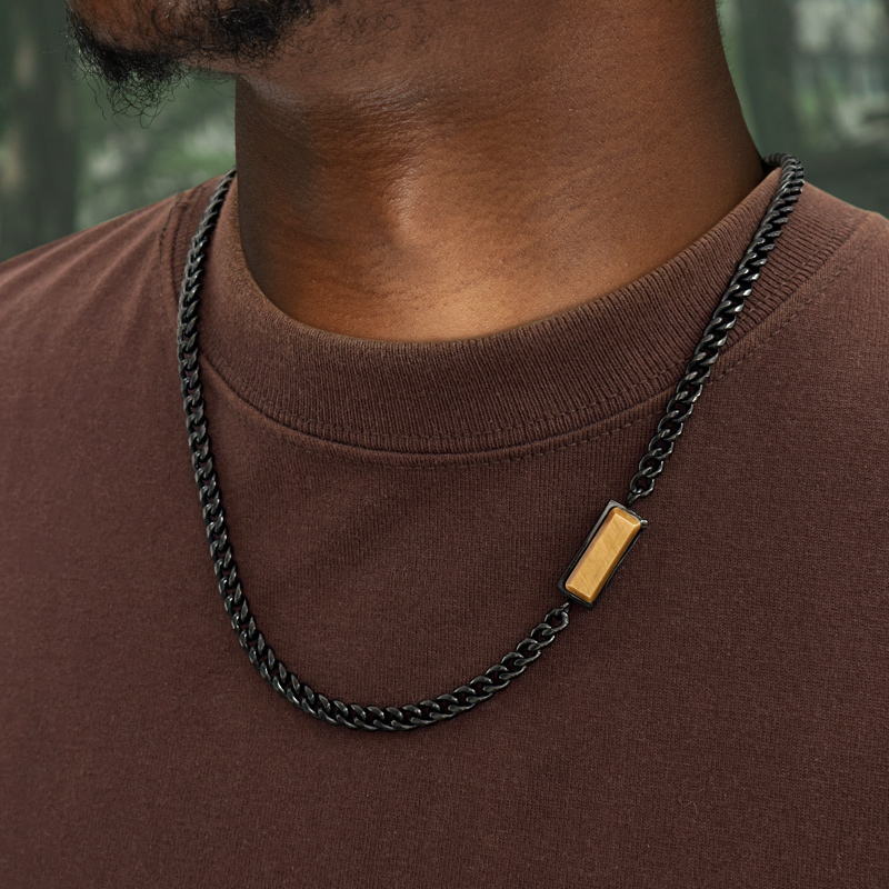 5mm Natural Stone Stainless Steel Cuban Chain In Black Gold - Yellow Tiger - Image 4