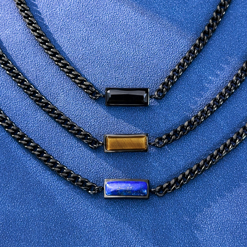 5mm Natural Stone Stainless Steel Cuban Chain In Black Gold - Yellow Tiger