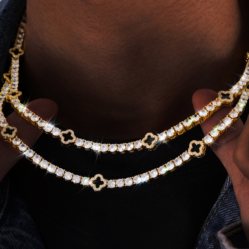 Iced Out Out Tennis Chain With Black Four Leaf Clover Gold