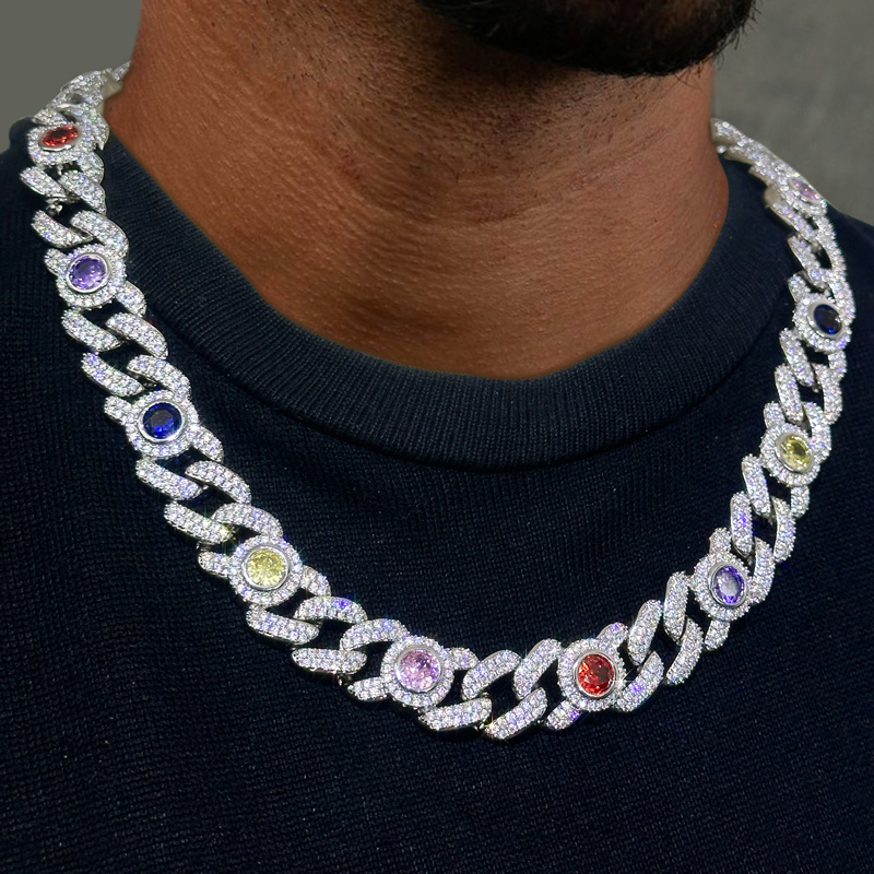 Bold Iced Out Out 13mm Multi-color Cuban Chain In White Gold Plating - Image 3