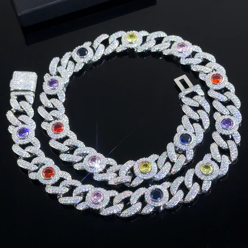 Bold Iced Out Out 13mm Multi-color Cuban Chain In White Gold Plating - Image 5
