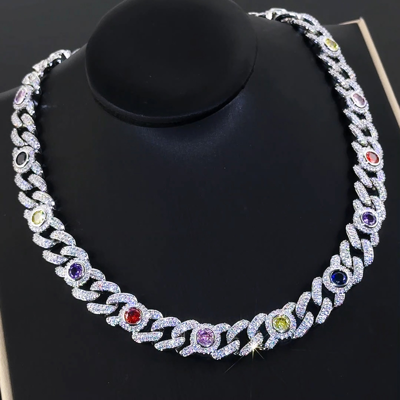 Bold Iced Out Out 13mm Multi-color Cuban Chain In White Gold Plating - Image 6