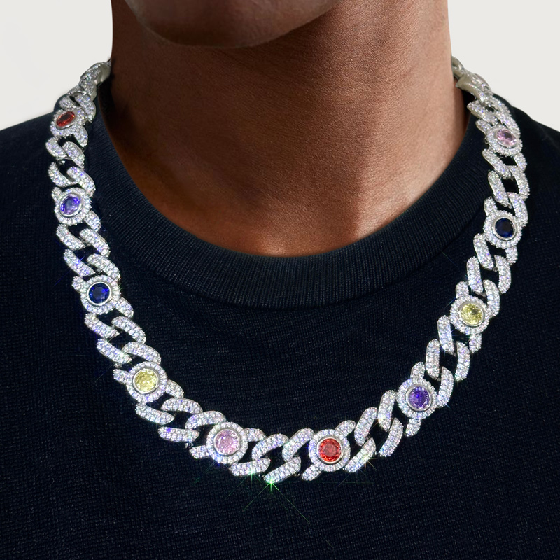 Bold Iced Out Out 13mm Multi-color Cuban Chain In White Gold Plating