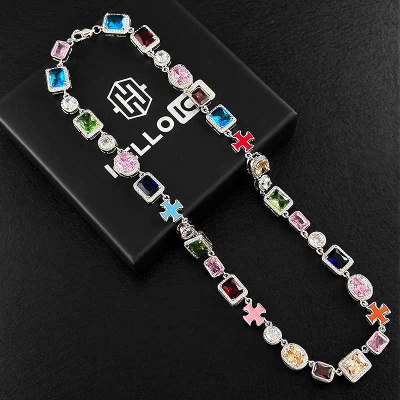 10mm Multicolored Gemstones Enamel Cross Chain With Street Luxury Shine - Image 3