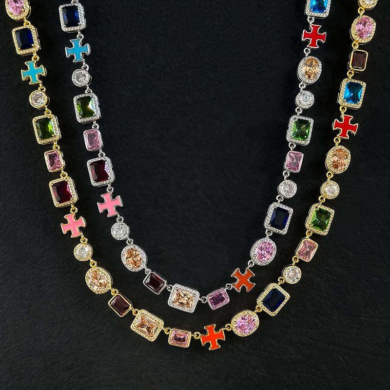 10mm Multicolored Gemstones Enamel Cross Chain With Street Luxury Shine - Image 4