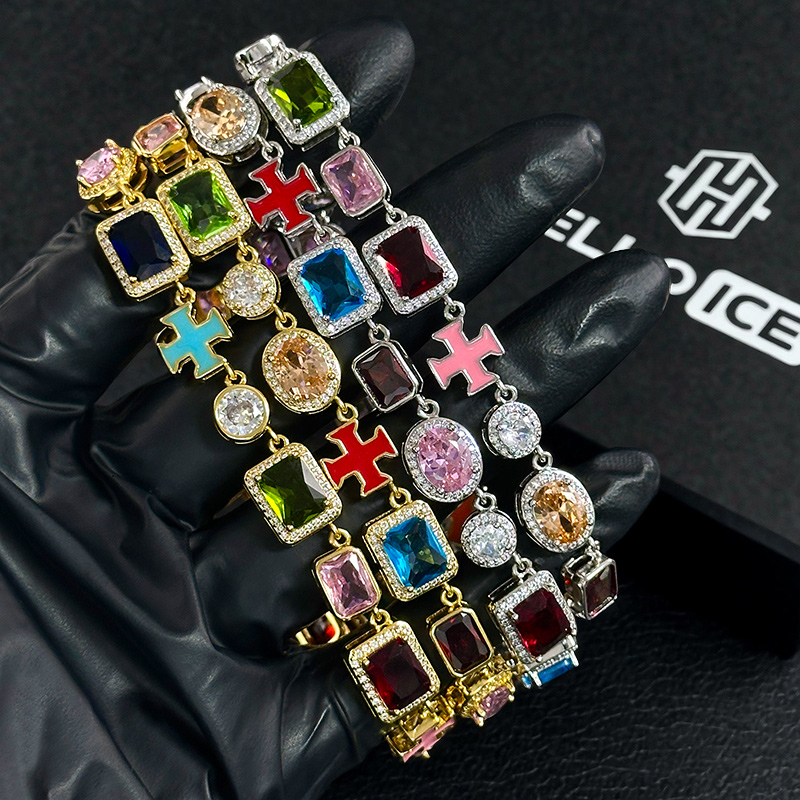 10mm Multicolored Gemstones Enamel Cross Chain With Street Luxury Shine - Image 5