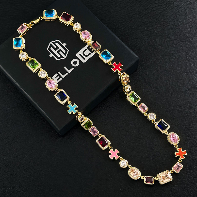 10mm Multicolored Gemstones Enamel Cross Chain With Street Luxury Shine - Image 6
