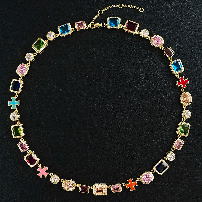 10mm Multicolored Gemstones Enamel Cross Chain With Street Luxury Shine - Image 7