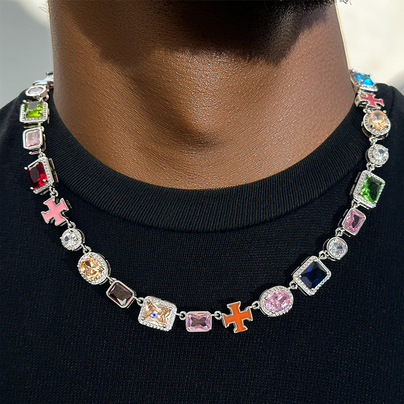 10mm Multicolored Gemstones Enamel Cross Chain With Street Luxury Shine