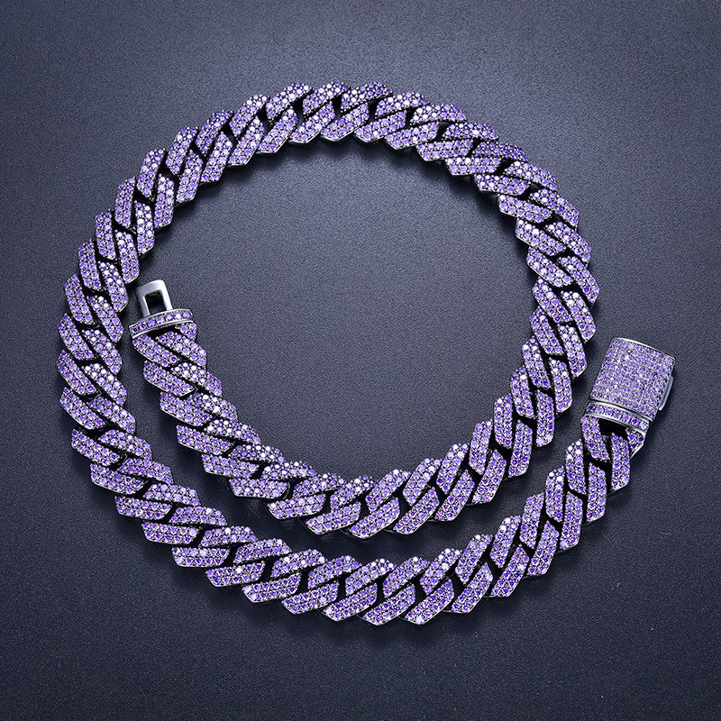 14mm 2-row Purple Iced Out Handset Prong Cuban Chain Gold - Image 3
