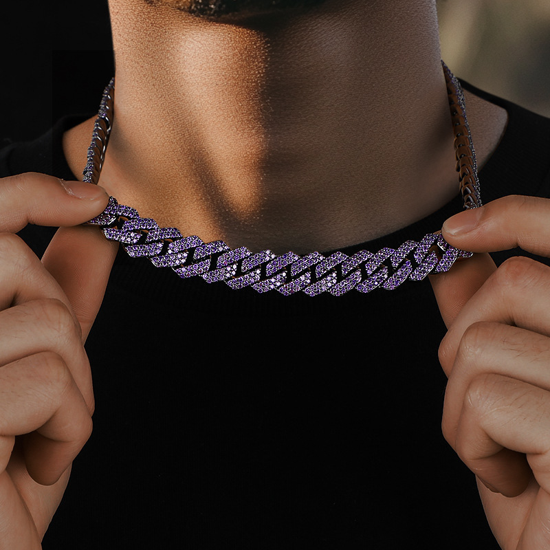 14mm 2-row Purple Iced Out Handset Prong Cuban Chain Gold - Image 4