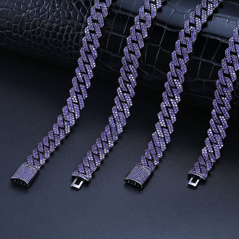 14mm 2-row Purple Iced Out Handset Prong Cuban Chain Gold - Image 5