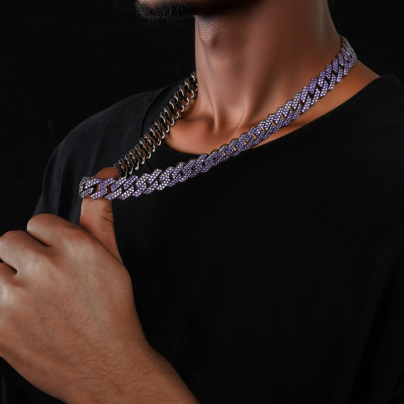 14mm 2-row Purple Iced Out Handset Prong Cuban Chain Gold - Image 6