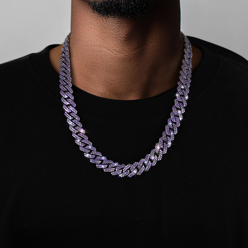 14mm 2-row Purple Iced Out Handset Prong Cuban Chain Gold