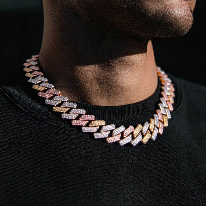 Iced Out 20mm 3-row Handset Tricolor Cuban Chain With Street Luxury Shine - Image 4