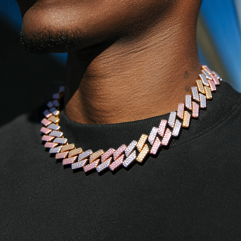 Iced Out 20mm 3-row Handset Tricolor Cuban Chain With Street Luxury Shine