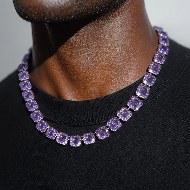 12mm Handset Purple Clustered Tennis Chain In Black Gold Iced Out - Image 3