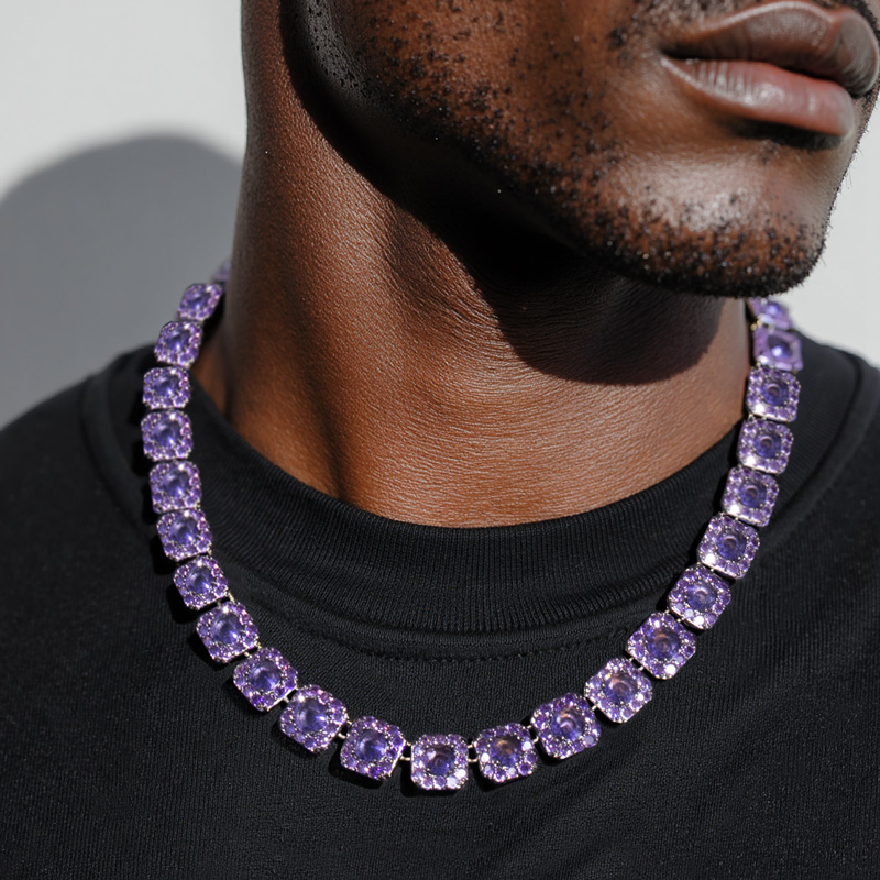 12mm Handset Purple Clustered Tennis Chain In Black Gold Iced Out - Image 4