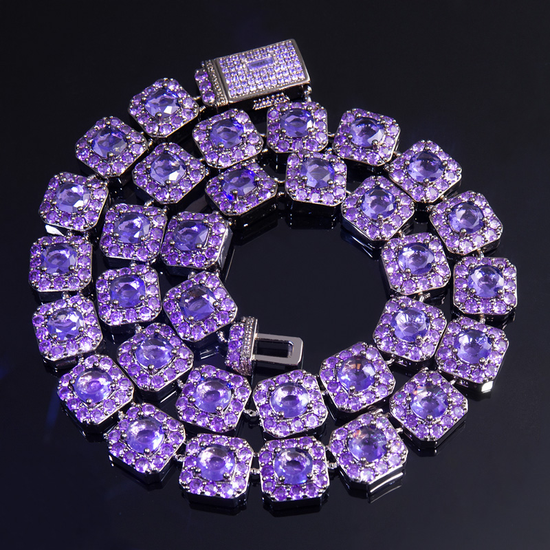 12mm Handset Purple Clustered Tennis Chain In Black Gold Iced Out