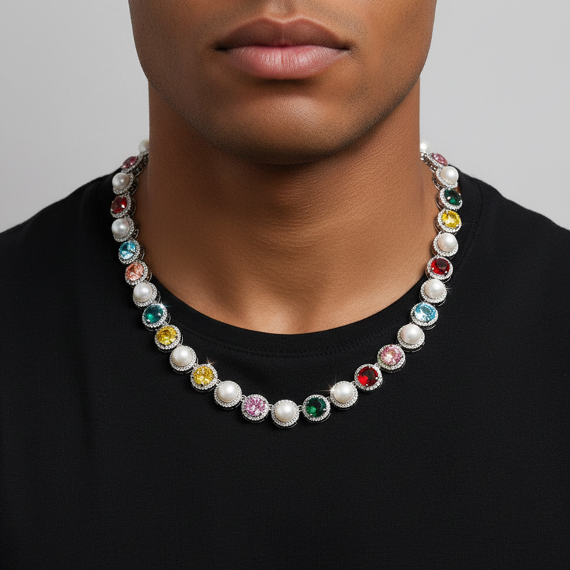 10mm Iced Out Out Colorful Gemstone Pearl Tennis Chain Gold - Image 3