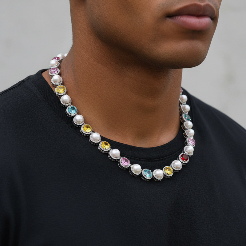 10mm Iced Out Out Colorful Gemstone Pearl Tennis Chain Gold - Image 4