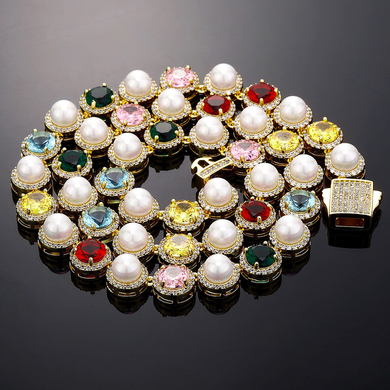 10mm Iced Out Out Colorful Gemstone Pearl Tennis Chain Gold - Image 5