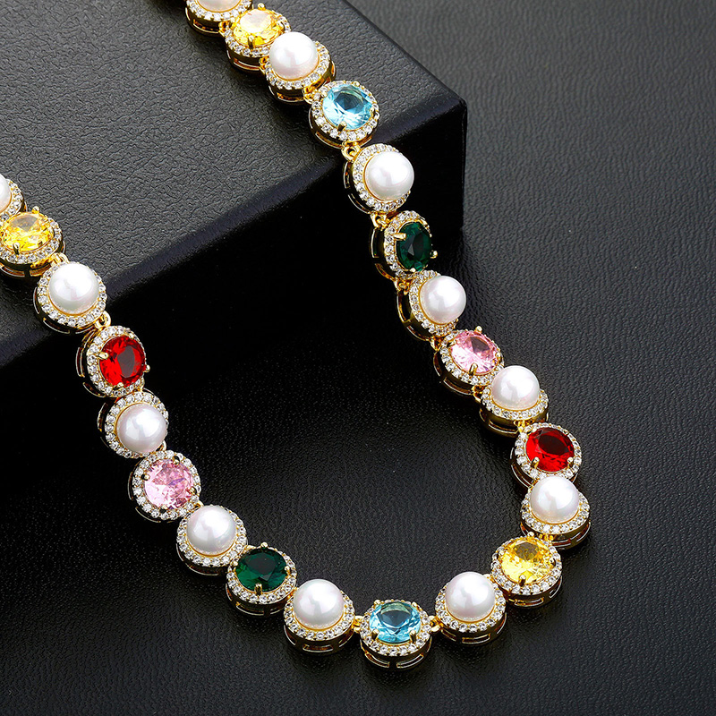 10mm Iced Out Out Colorful Gemstone Pearl Tennis Chain Gold - Image 6