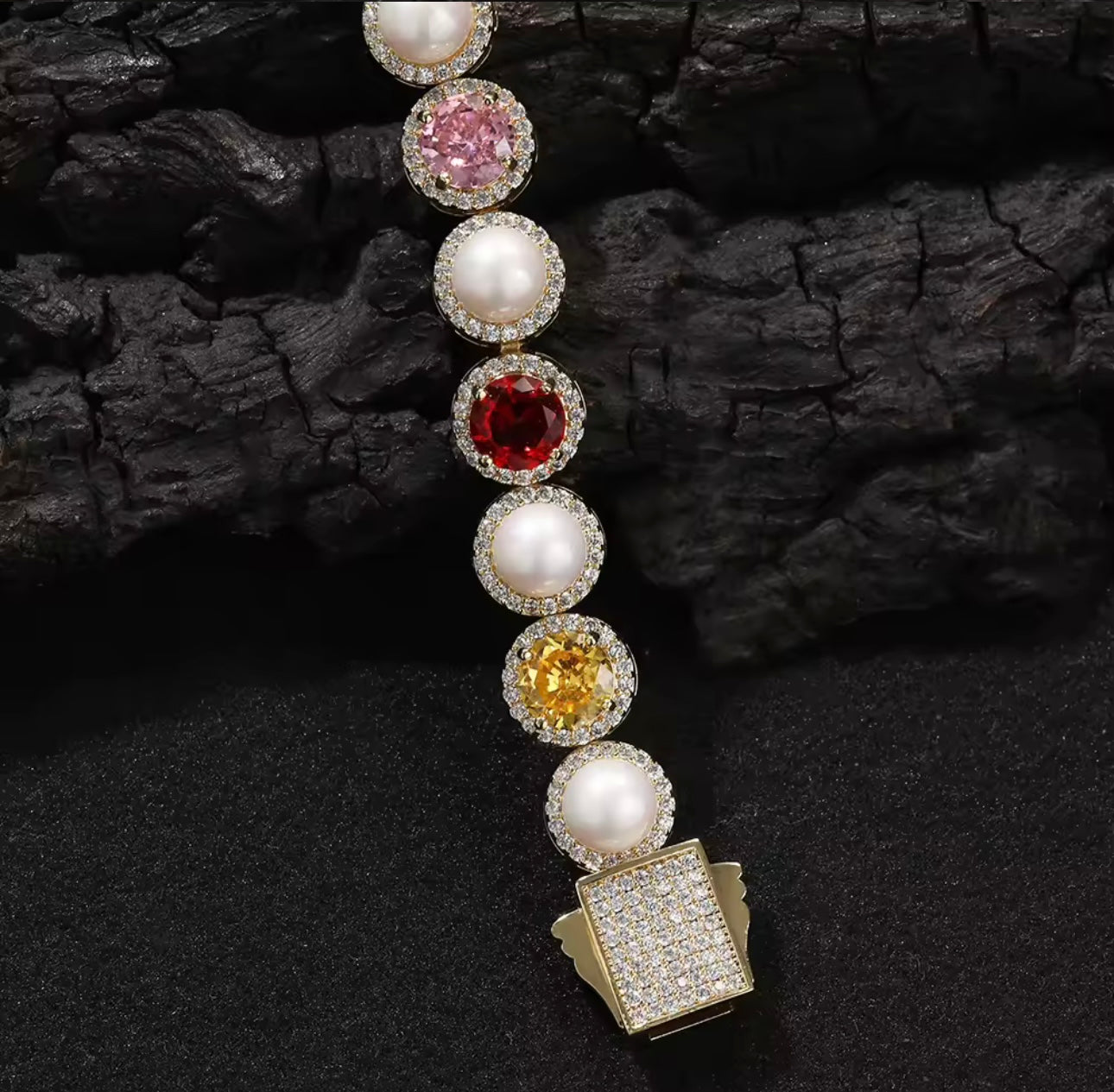 10mm Iced Out Out Colorful Gemstone Pearl Tennis Chain Gold - Image 7