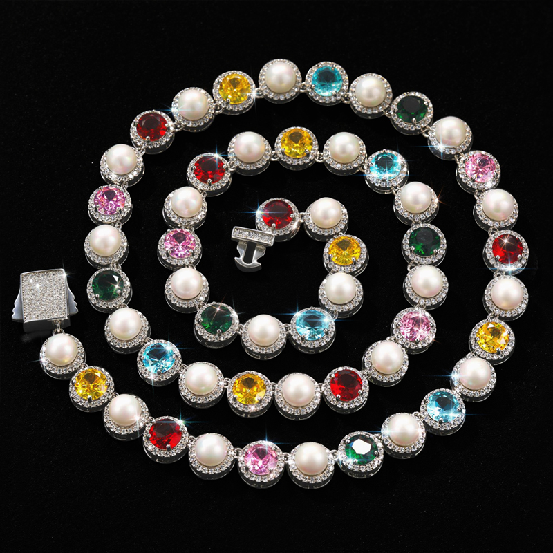 10mm Iced Out Out Colorful Gemstone Pearl Tennis Chain Gold