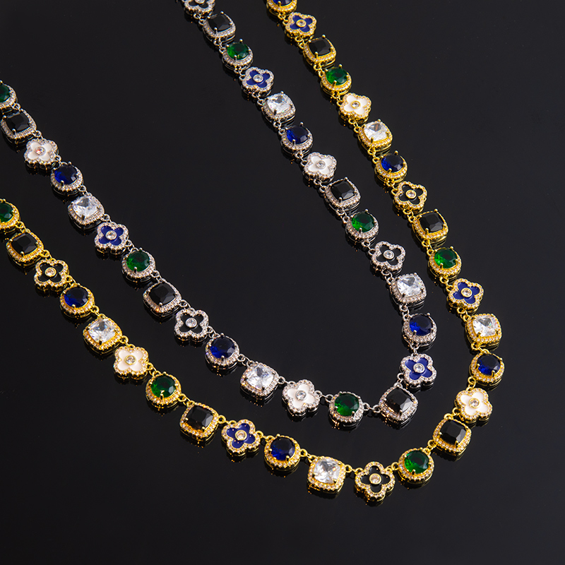Multicolored Gemstones Geometric Flowers Necklace With Street Luxury Shine - Image 3