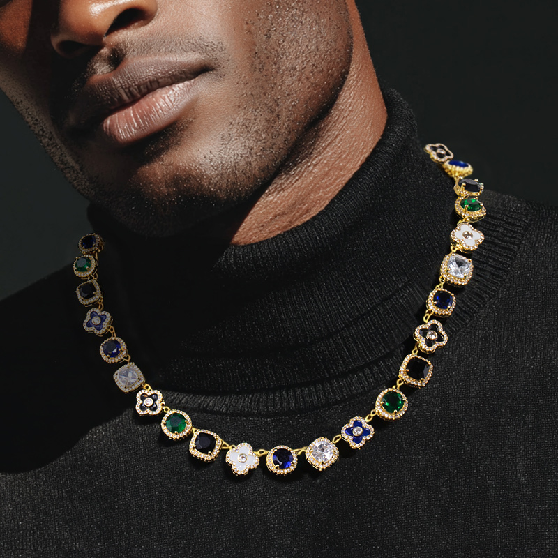 Multicolored Gemstones Geometric Flowers Necklace With Street Luxury Shine - Image 4