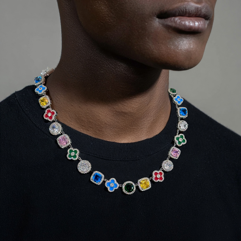Bold Multicolored Gemstones Geometric Flowers Necklace In White Gold - Image 3