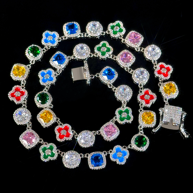 Bold Multicolored Gemstones Geometric Flowers Necklace In White Gold - Image 4