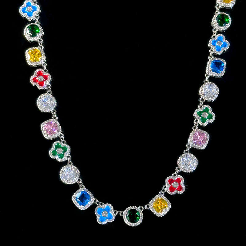 Bold Multicolored Gemstones Geometric Flowers Necklace In White Gold - Image 5