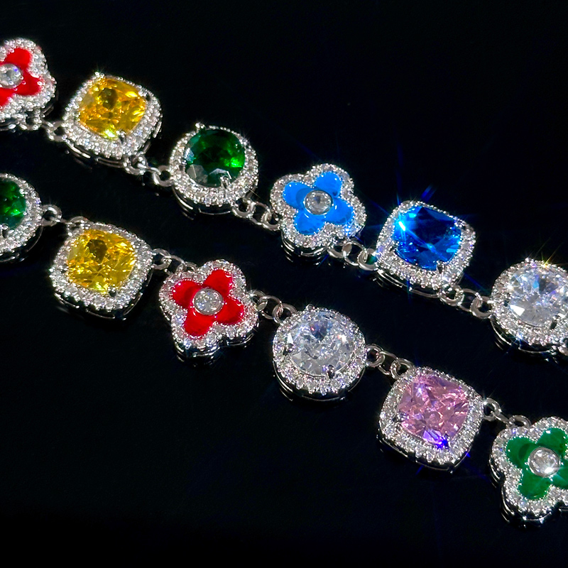 Bold Multicolored Gemstones Geometric Flowers Necklace In White Gold - Image 6