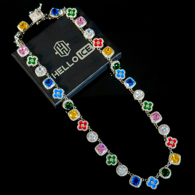 Bold Multicolored Gemstones Geometric Flowers Necklace In White Gold - Image 7