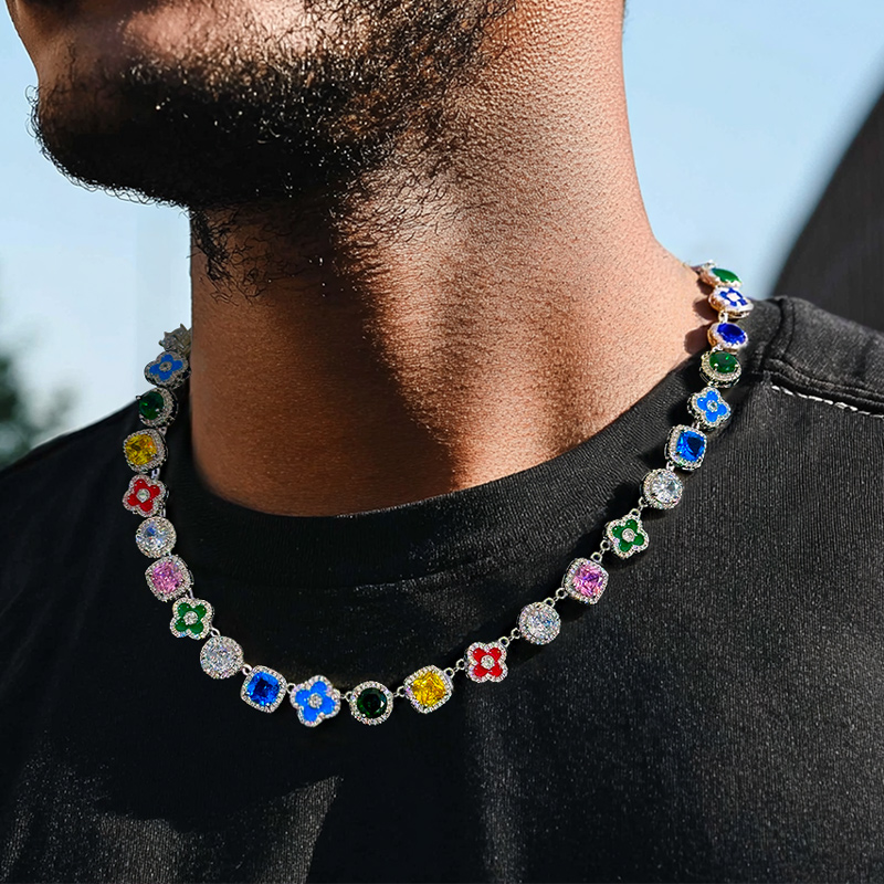 Bold Multicolored Gemstones Geometric Flowers Necklace In White Gold