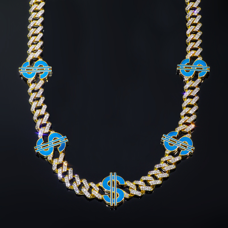 Iced Out Out 12mm Cuban Dollar $ Necklace Gold With Street Luxury Shine - Image 8