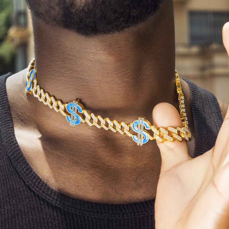 Iced Out Out 12mm Cuban Dollar $ Necklace Gold With Street Luxury Shine