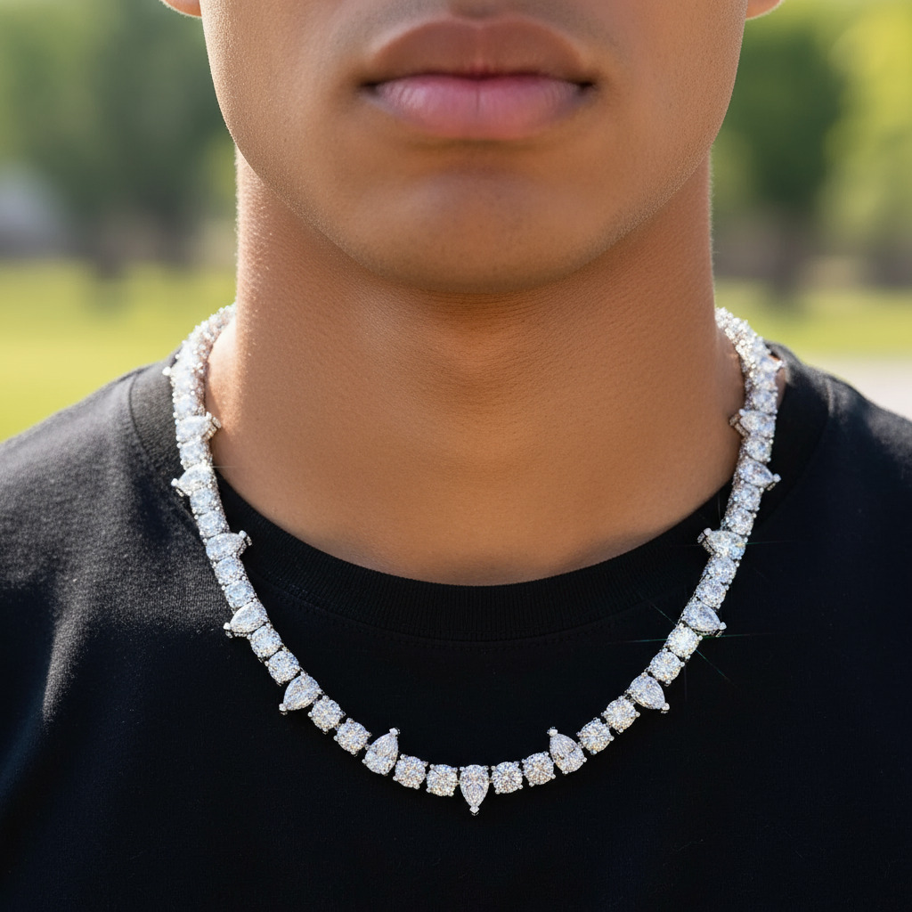 10mm Iced Out Out Round & Pear Cut Pave Tennis Chain Silver - Image 3